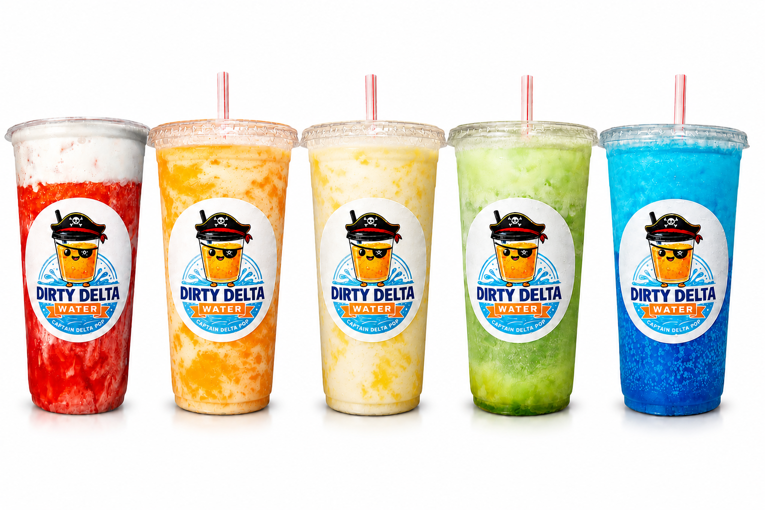 Five colorful Dirty Delta Water custom dirty sodas in a row