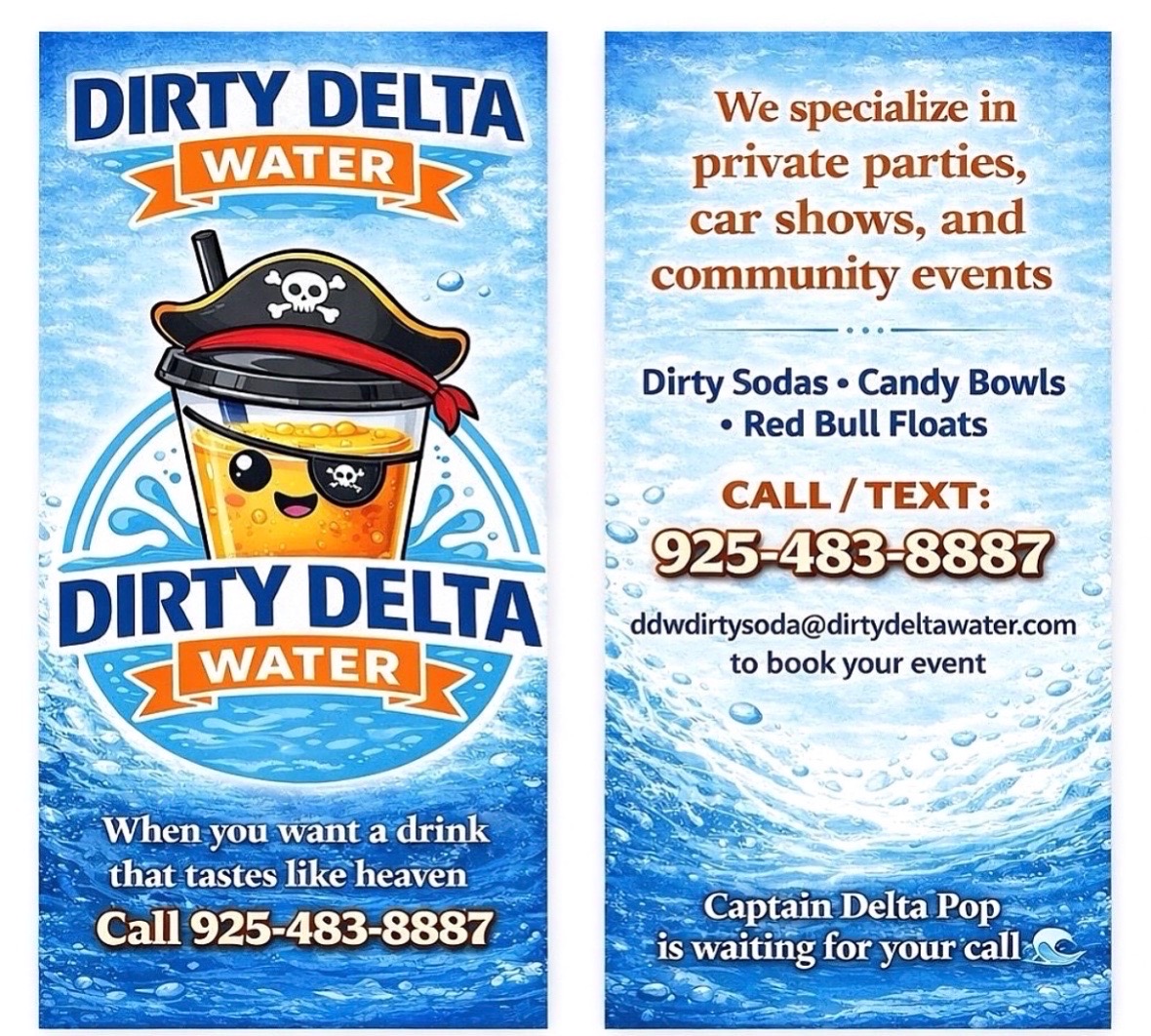 Dirty Delta Water flyer featuring Captain Delta Pop mascot